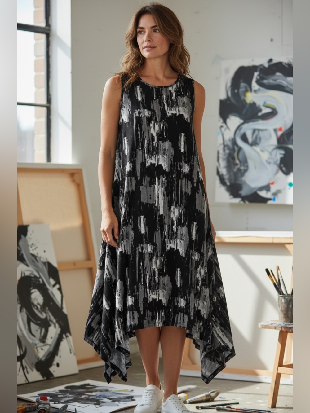 Tahari Women’s Sleeveless Dress Size 1X Black Gray Abstract Sharkbite Hem